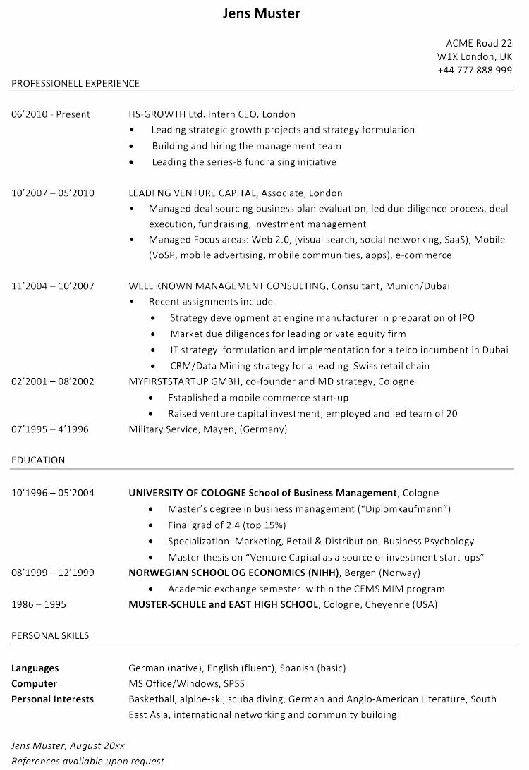 Lebenslauf Berufserfahrener Venture Capital Associate
