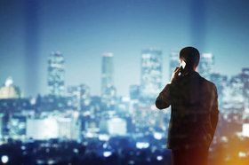 Businessman, Skyline, Telefon