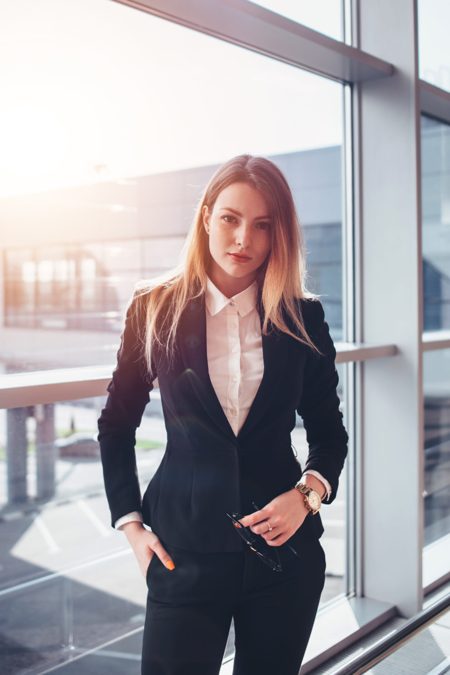 Portrait of attractive blonde wearing elegant formal suit standing in airport terminal.