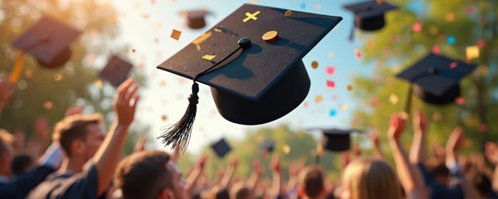 Studierende feiern ihren Masterabschluss, werfen Hüte in die Luft – Symbolbild für Karrierechancen und Gehalt nach dem MBA oder Master in Management.