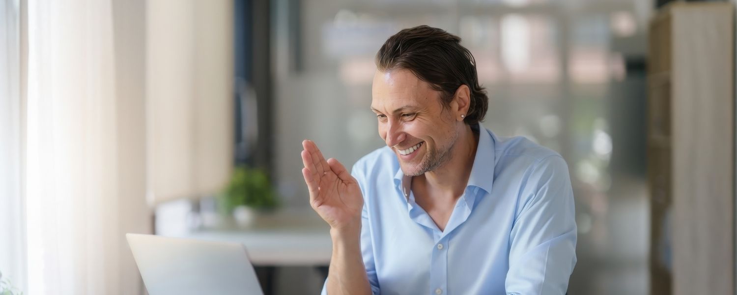 Mann im Homeoffice winkt lächelnd in einen Laptop-Bildschirm – entspannte Arbeitsatmosphäre als Beispiel für Work-Life-Blending
