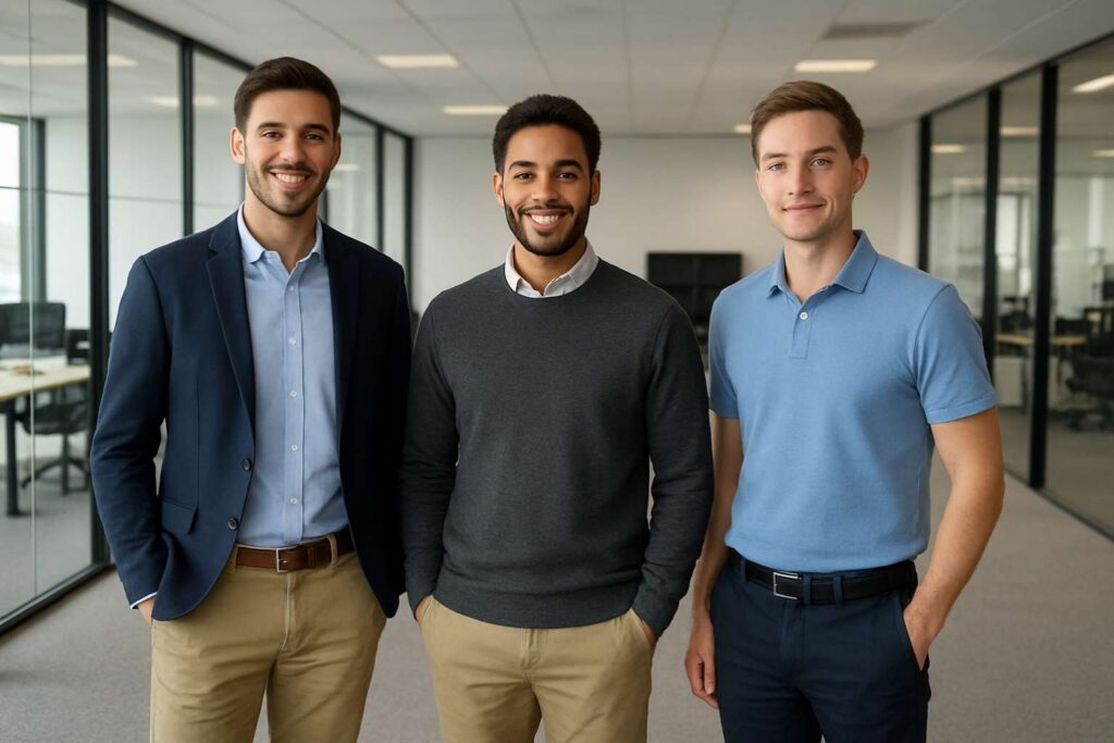 Drei junge Männer in einem modernen Büro, die unterschiedliche Business-Casual-Outfits tragen – ein Outfit mit Sakko und Chino, eines mit Pullover über Hemd und eines mit Poloshirt und Stoffhose.