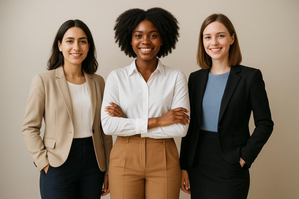 Drei junge Frauen stehen nebeneinander und tragen unterschiedliche Business-Casual-Outfits, darunter Blazer, Blusen und Stoffhosen. Sie lächeln in die Kamera und vermitteln einen modernen, professionellen Look.