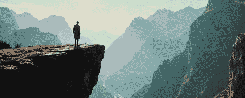 Eine alleinstehende Person steht auf einem Felsen über einer tiefen Schlucht und blickt in eine weite Berglandschaft – ein symbolisches Bild für das Imposter-Syndrom, das Gefühl ein Hochstapler zu sein, trotz objektiver Erfolge und starker Leistungen.