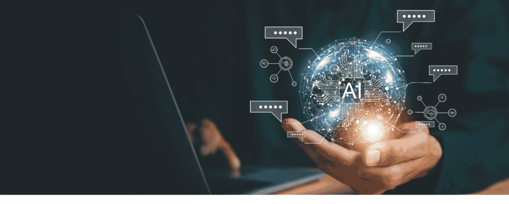 Symbolische Darstellung von ChatGPT und KI: Hand hält digitale AI-Welt mit Chatblasen – Dein Weg zur optimalen Bewerbung mit ChatGPT, inkl. CV- und Anschreiben-Tipps.