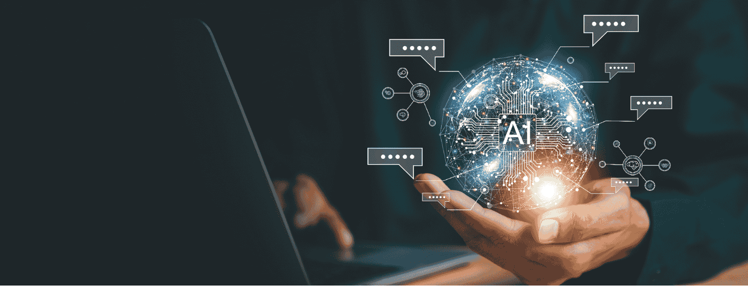 Symbolische Darstellung von ChatGPT und KI: Hand hält digitale AI-Welt mit Chatblasen – Dein Weg zur optimalen Bewerbung mit ChatGPT, inkl. CV- und Anschreiben-Tipps.