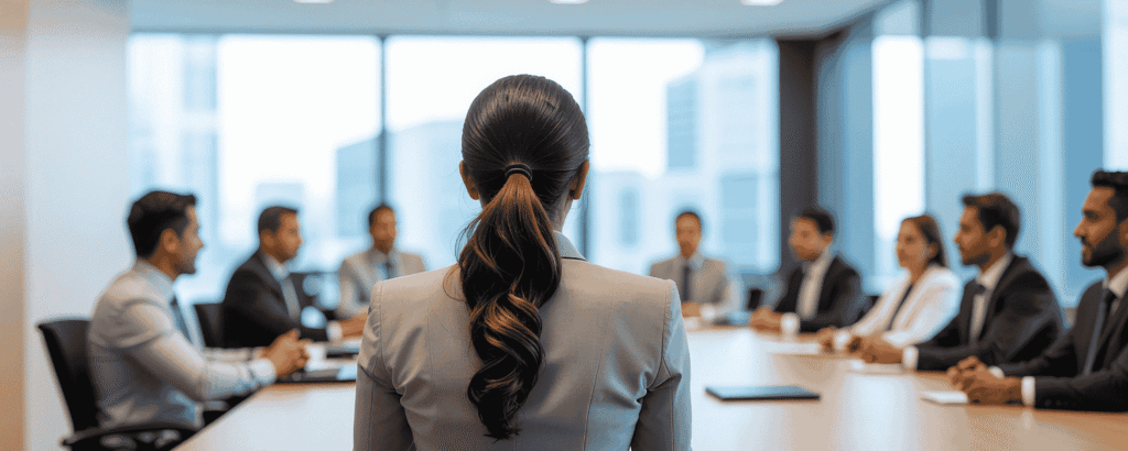 Selbstbewusste weibliche Führungskraft leitet ein Business-Meeting mit einem diversen Management-Team in einem modernen Konferenzraum – Symbol für Female Leadership und moderne Unternehmensführung.