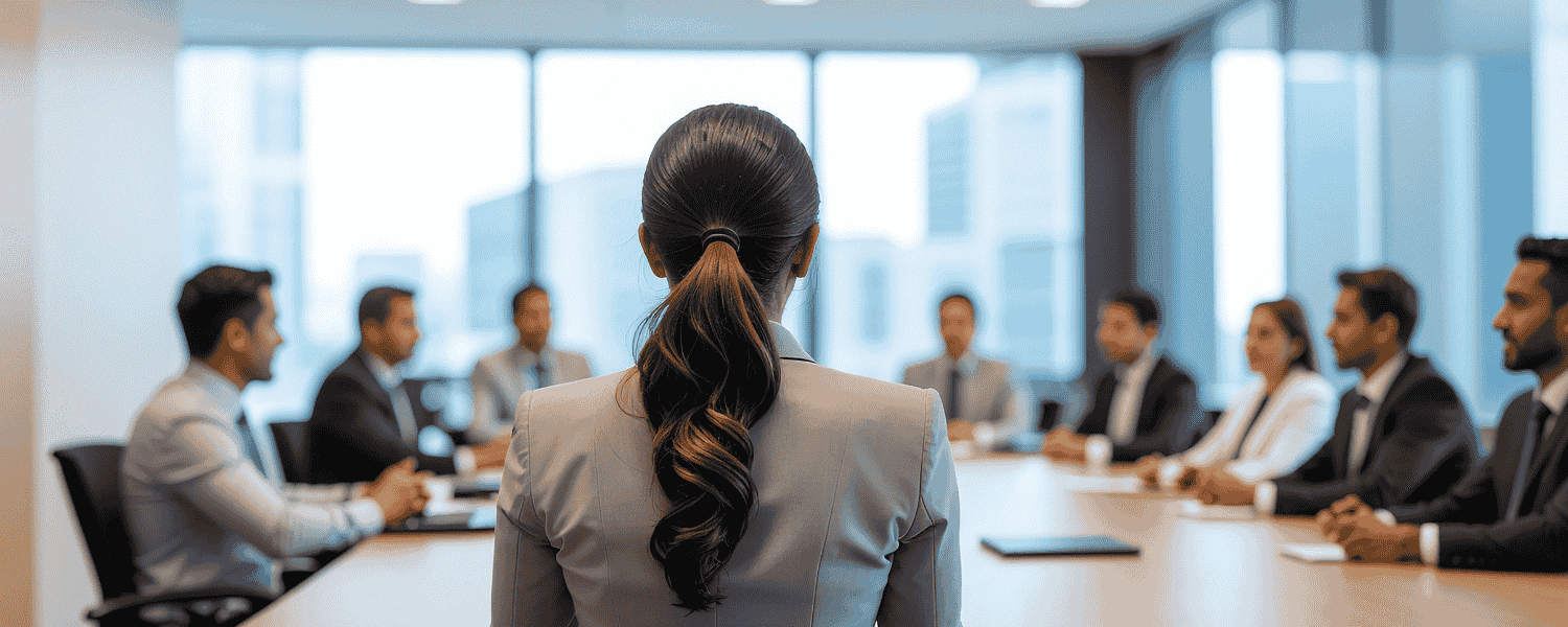 Selbstbewusste weibliche Führungskraft leitet ein Business-Meeting mit einem diversen Management-Team in einem modernen Konferenzraum – Symbol für Female Leadership und moderne Unternehmensführung.