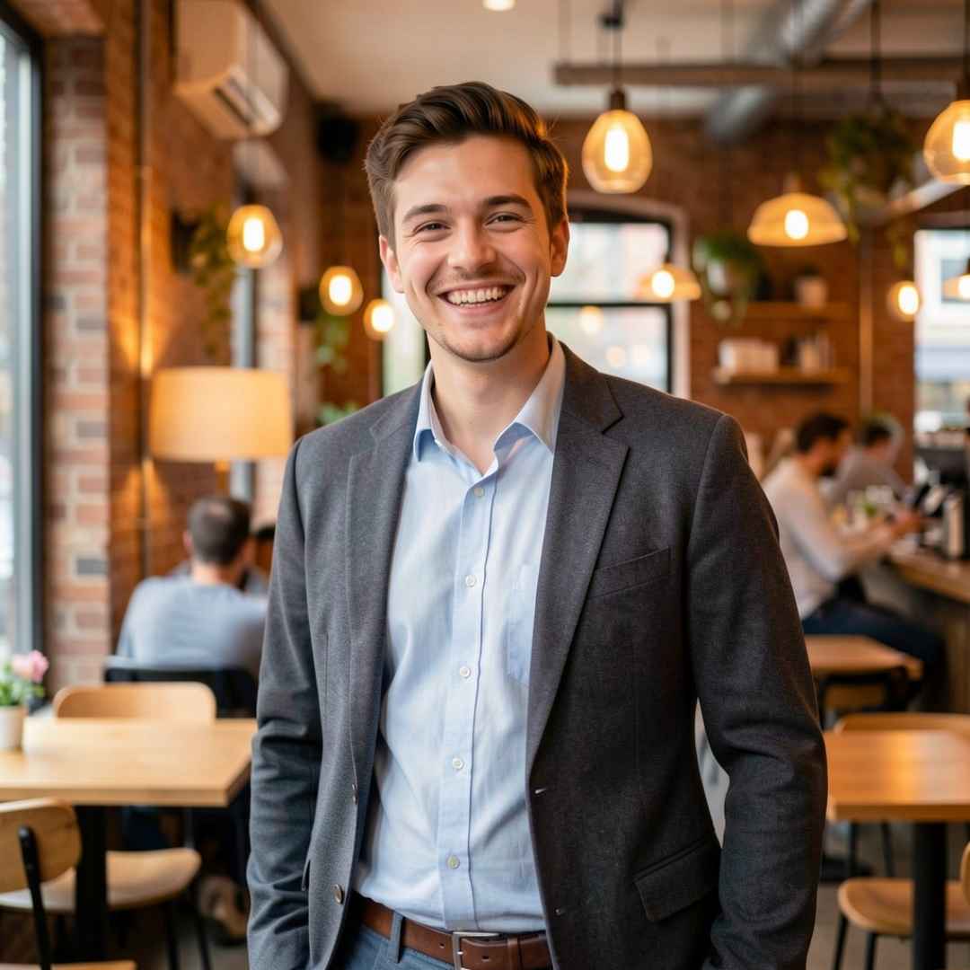 Junger Mann in Business-Casual-Outfit lächelt freundlich in die Kamera, symbolisiert Selbstbewusstsein und Professionalität.