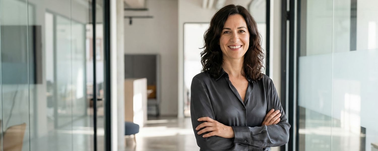 Selbstbewusste Frau in Führungsposition steht mit verschränkten Armen in einem modernen Bürogebäude – Consulting und Leadership.