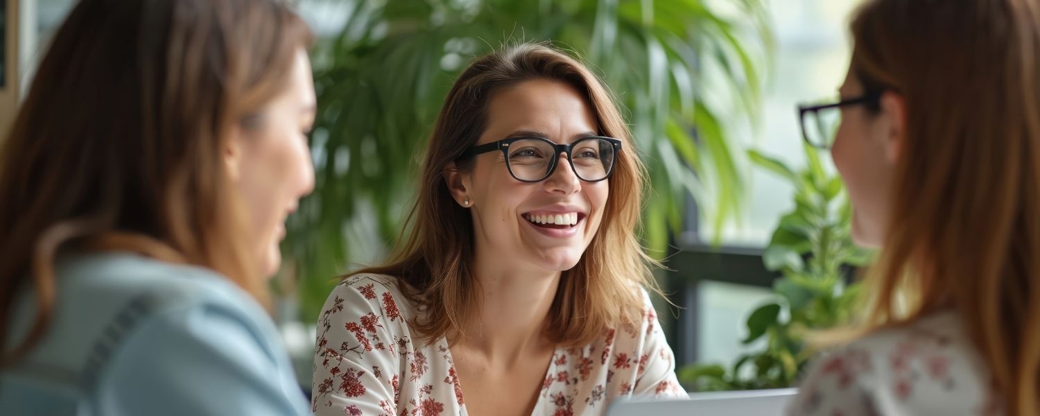 Freundliches Gespräch zwischen drei Frauen im Büro mit Pflanzen – lächelnde Kolleginnen im Austausch über psychische Gesundheit am Arbeitsplatz in heller, moderner Arbeitsumgebung.