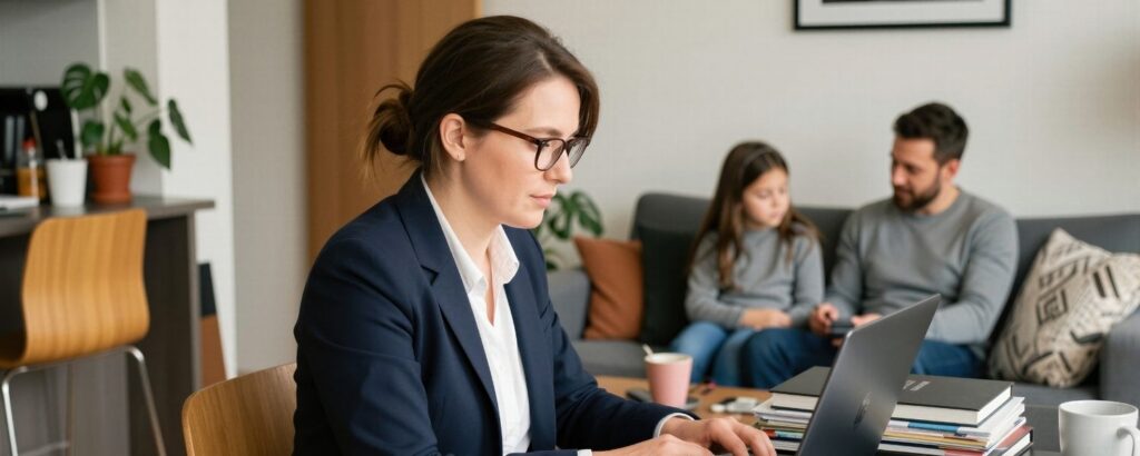 Ratgeber 8 Mutter arbeitet im Homeoffice am Laptop, während Vater und Kind im Hintergrund auf dem Sofa sitzen – Vereinbarkeit von Familie und Beruf im Consulting