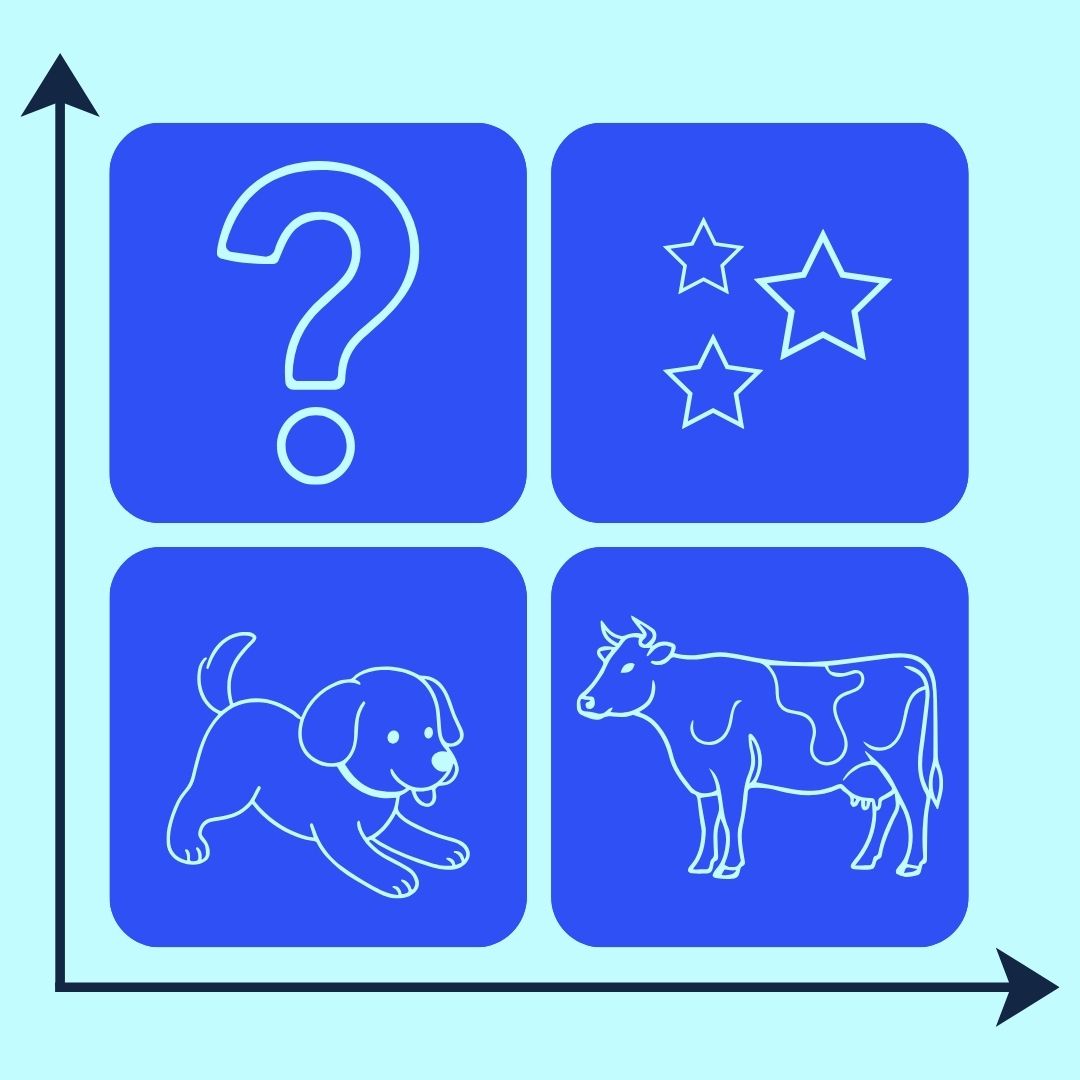 Grafische Darstellung der BCG-Matrix mit den vier Portfoliofeldern Stars, Question Marks, Cash Cows und Poor Dogs zur strategischen Einordnung von Produkten nach Marktposition.