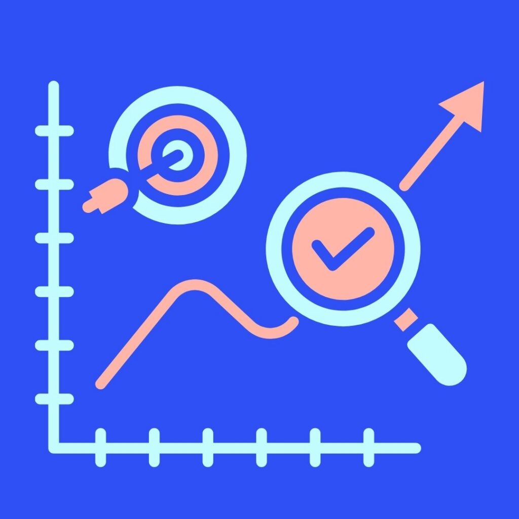 Illustration zum Thema Benchmarking mit Zielscheibe, Lupe, Diagramm und Aufwärtspfeil auf blauem Hintergrund.