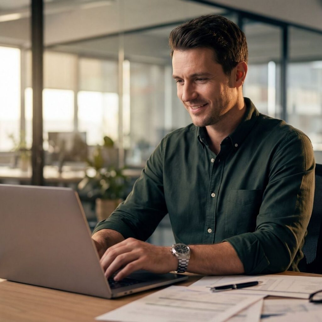 Mann arbeitet in einem modernen Büro an einem Laptop und recherchiert Consulting-Stellenanzeigen.