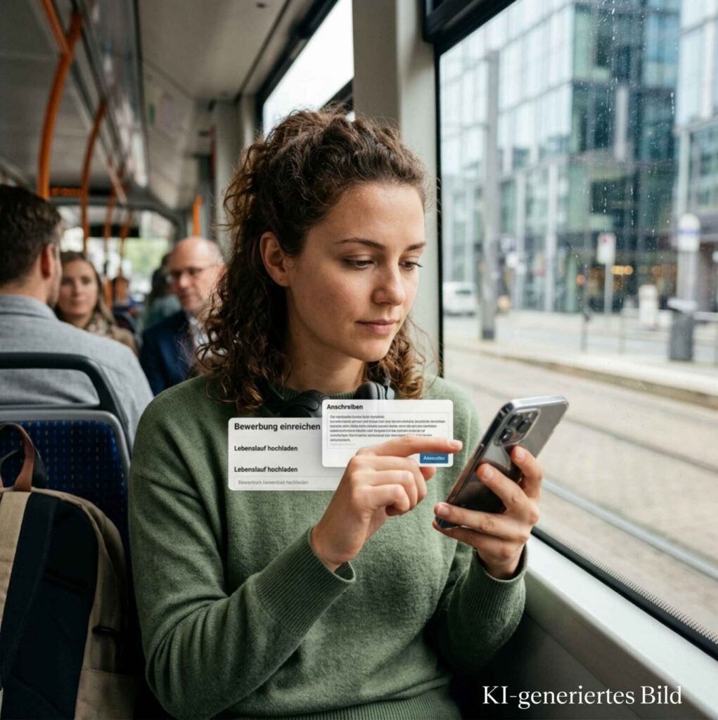 Eine Frau sitzt in einem Bus und bedient ein Smartphone; eingeblendete Felder zeigen „Bewerbung einreichen“, „Anschreiben“ und „Lebenslauf hochladen“.