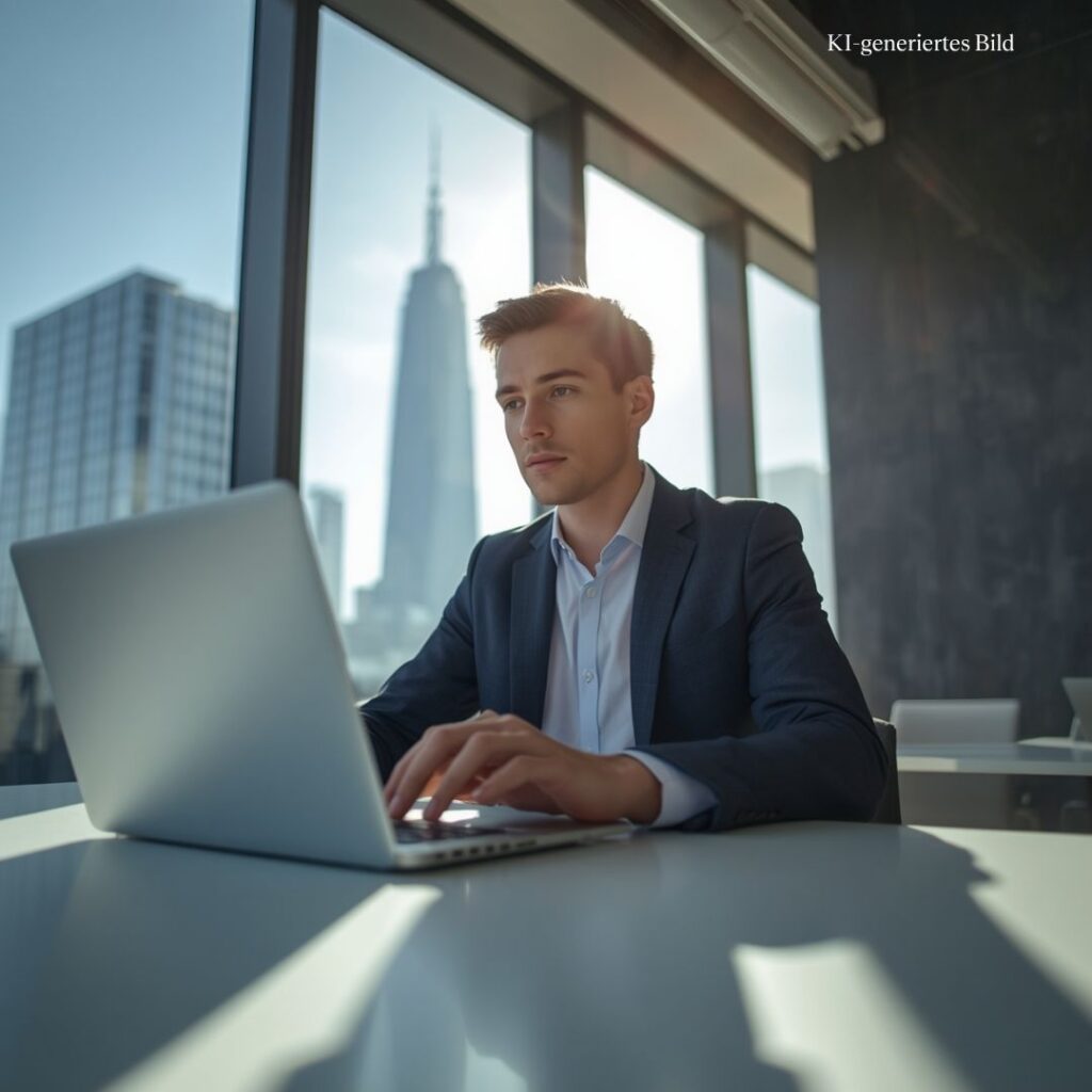 KI-generiertes Bild eines Junior Consultants im Anzug, der in einem Büro mit Blick auf die New Yorker Skyline am Laptop arbeitet.