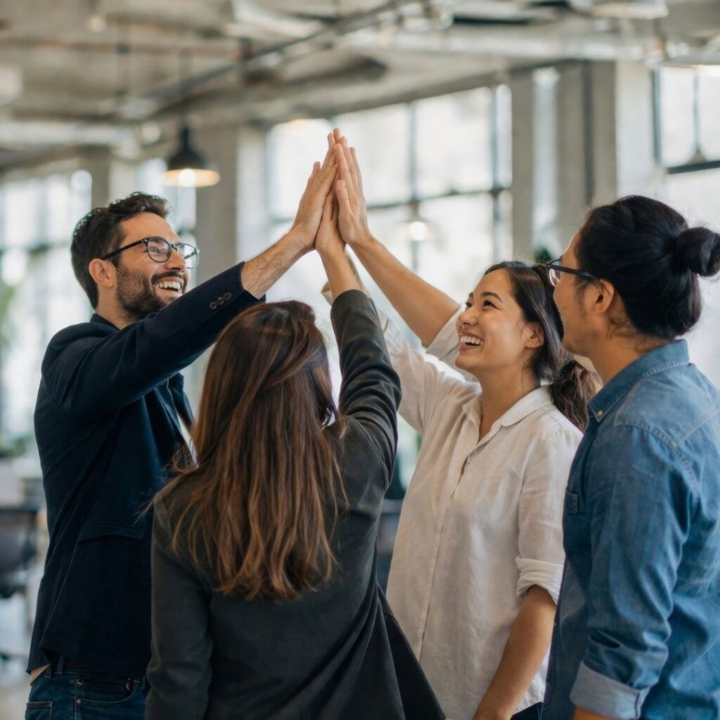 Vier Personen stehen in einem hellen Büro und legen ihre Hände gemeinsam zum Abklatschen aufeinander.