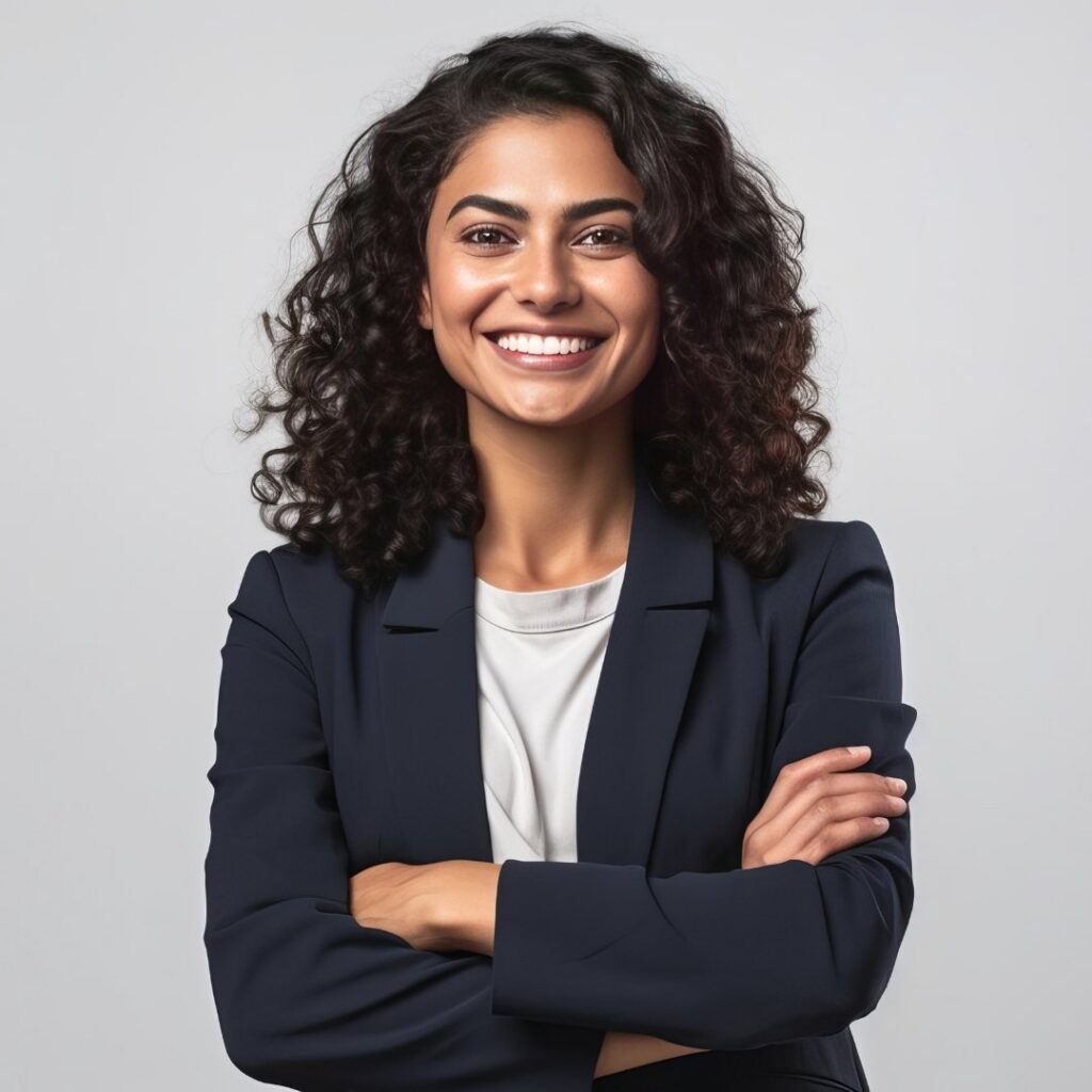 Eine lächelnde Frau mit lockigem, dunkelbraunem Haar trägt einen dunkelblauen Blazer über einer weißen Bluse, hält die Arme vor dem Körper verschränkt und steht vor einem hellgrauen Hintergrund [KI-generierte Person]