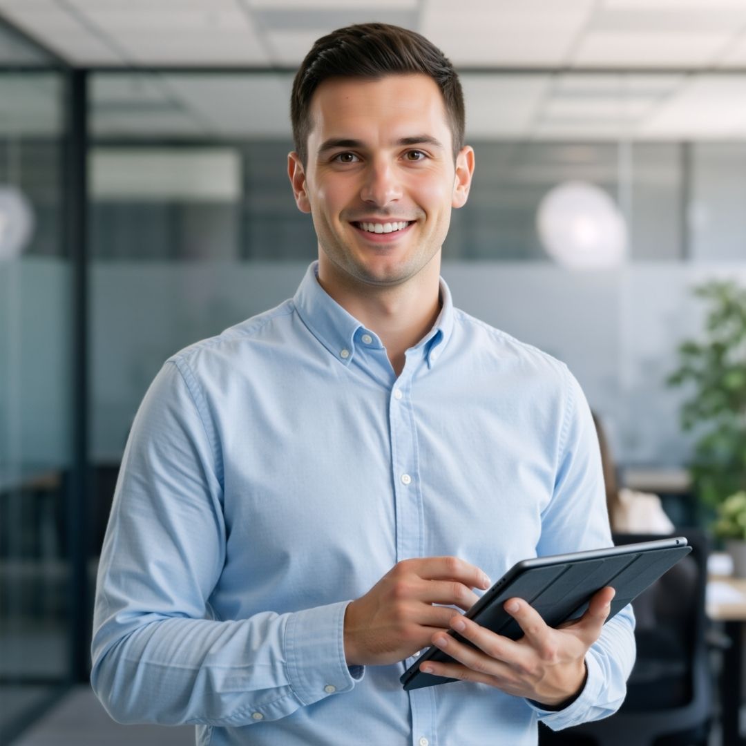 Ein Mann im hellblauen Hemd hält ein Tablet in einem modernen Büro.