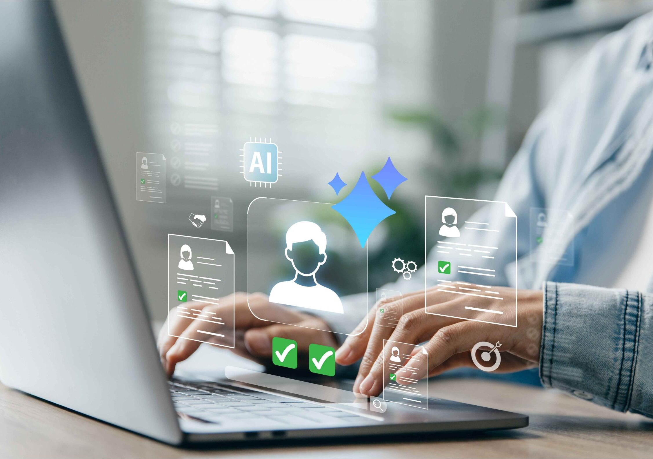 Eine Person in hellblauem Hemd tippt auf einer Laptop-Tastatur, während vor dem Bildschirm transparente Dokumente mit Profilsymbolen und grünen Häkchen, ein Chip mit der Beschriftung „AI“, eine blaue Sternform, Zahnräder, ein Handschlag und eine Zielscheibe schweben.