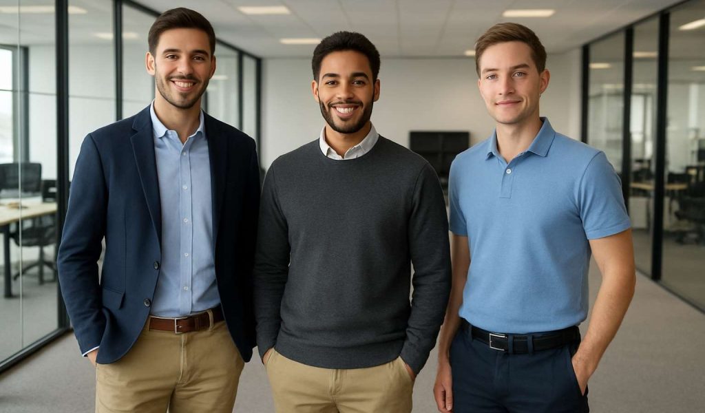 Drei junge Männer in einem modernen Büro, die unterschiedliche Business-Casual-Outfits tragen – ein Outfit mit Sakko und Chino, eines mit Pullover über Hemd und eines mit Poloshirt und Stoffhose.
