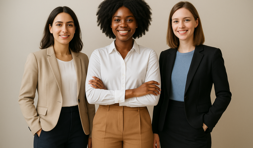 Drei junge Frauen stehen nebeneinander und tragen unterschiedliche Business-Casual-Outfits, darunter Blazer, Blusen und Stoffhosen. Sie lächeln in die Kamera und vermitteln einen modernen, professionellen Look.