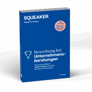 Eine Visualisierung des Buches “Bewerbung bei Unternehmensberatungen” aufrecht stehend auf hellem Hintergrund
