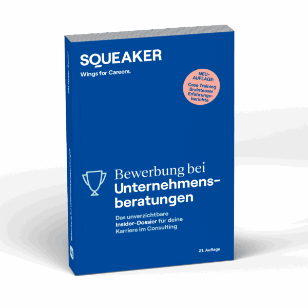 Eine Visualisierung des Buches “Bewerbung bei Unternehmensberatungen” aufrecht stehend auf hellem Hintergrund