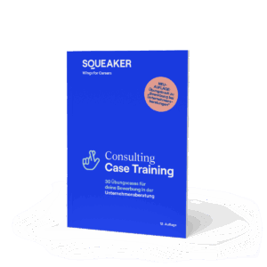 Eine Visualisierung des Buches “Consulting Case Training” aufrecht stehend auf hellem Hintergrund