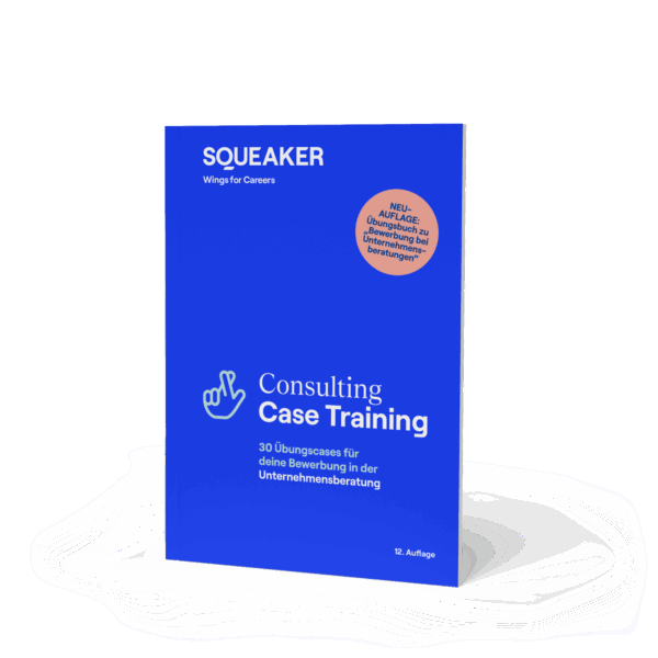 Eine Visualisierung des Buches “Consulting Case Training” aufrecht stehend auf hellem Hintergrund